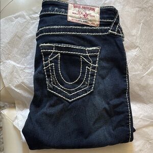 TRUE RELIGION WOMENS SUPER SKINNY DENIM DARK BLUE DISTRESSED JEANS sz 29